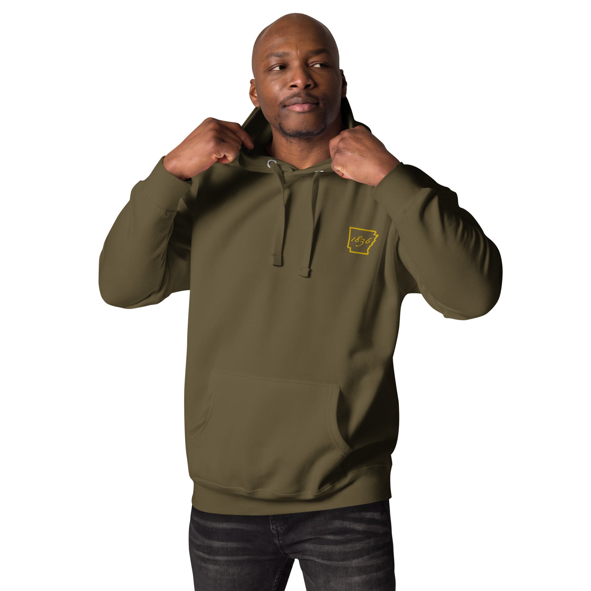 Unisex Hoodie Military Green w AR 1836 GOLD Embroidered